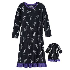 Girls 4-16 Jammies For Your Families Skeleton Microfleece Halloween Nightgown & Doll Gown Pajama Set