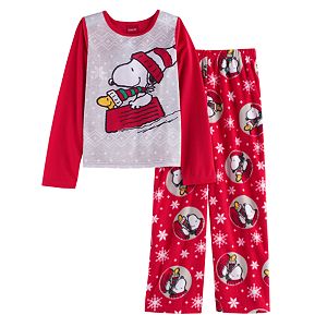 Girls 4-12 Jammies For Your Families Peanuts Snoopy & Woodstock Sledding Top & Microfleece Bottoms Pajama Set