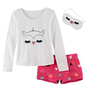 Girls 5-14 SO® Cat Tee, Fuzzy Shorts & Eye Mask Pajama Set