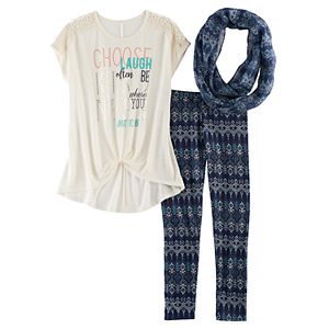 Girls 7-16 Self Esteem Knot Front Tee, Leggings & Infinity Scarf Set