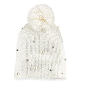 Women's SO® Simulated Pearl & Rhinestone Pom Pom Beanie