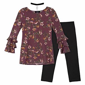 Girls 7-16 IZ Amy Byer Printed French Terry Triple Bell Sleeve Tunic & Leggings Set with Choker Necklace