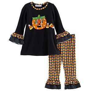 Toddler Girl Bonnie Jean Halloween Pumpkin Top & Candy Corn Leggings Set