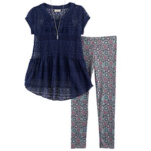 Girls 7-16 Self Esteem Lace Top & Printed Leggings Set with Necklace