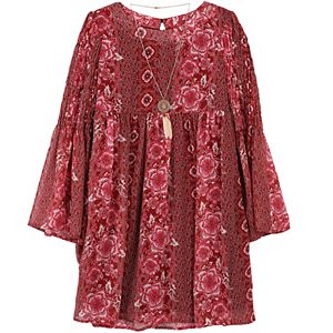 Girls 7-16 & Plus Size Speechless Bell Sleeve Printed Dress with Necklace