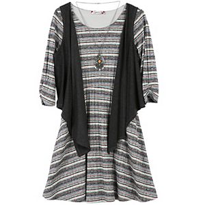 Girls 7-16 & Plus Size Speechless Vest & 3/4-Sleeve Textured Stripe Dress Set with Necklace