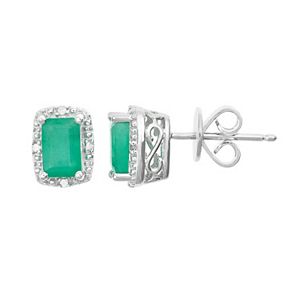 Sterling Silver Emerald & Diamond Accent Rectangle Halo Stud Earrings