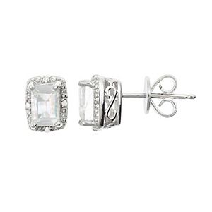 Sterling Silver Moonstone & Diamond Accent Rectangle Halo Stud Earrings