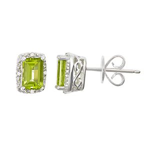 Sterling Silver Peridot & Diamond Accent Rectangle Halo Stud Earrings