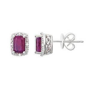 Sterling Silver Ruby & Diamond Accent Rectangle Halo Stud Earrings