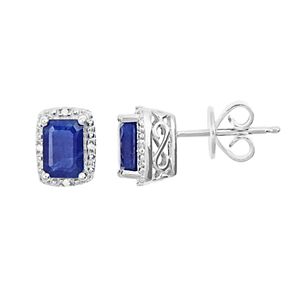 Sterling Silver Sapphire & Diamond Accent Rectangle Halo Stud Earrings