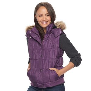 Juniors' Pink Envelope Faux-Fur Hood Puffer Vest