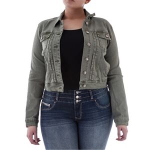 Juniors' Plus Size Amethyst Green Cropped Jean Jacket