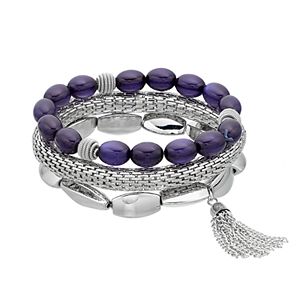 Purple Beaded, Mesh & Tassel Stretch Bracelet Set