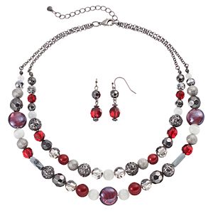 Red Beaded Double Strand Necklace & Drop Earring Set