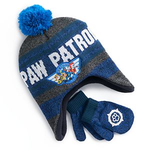 Toddler Boy Paw Patrol Striped Pom Pom Trapper Hat & Mittens Set