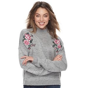 Juniors' Cloud Chaser Embroidered Floral Mockneck Sweater