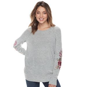 Juniors' Cloud Chaser Scoopneck Embroidered-Sleeve Sweater