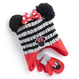 Disney's Minnie Mouse Toddler Girl 3D Pom Ears Striped Trapper Hat & Mittens Set