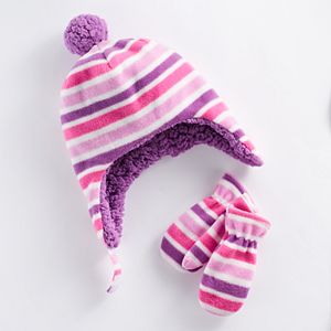 Baby Girl Striped Trapper Hat & Mittens Set