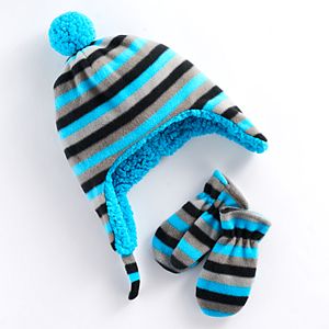Baby Boy Striped Trapper Hat & Mittens Set