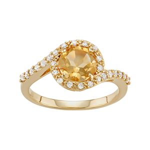 18k Gold Over Silver Citrine & Cubic Zirconia Halo Ring