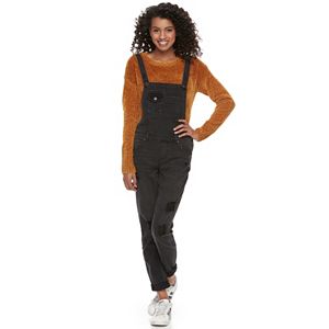 Juniors' Almost Famous Destructed Black Denim Overalls