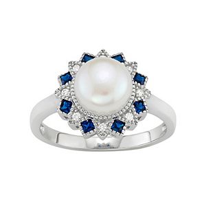 Sterling Silver Freshwater Cultured Pearl & Lab-Created Blue Spinel Flower Ring