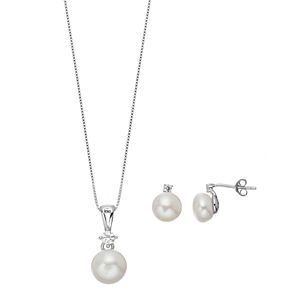 Sterling Silver Freshwater Cultured Pearl & Lab-Created White Sapphire Pendant & Stud Earring Set