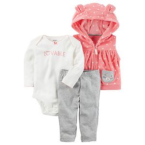 Baby Girl Carter's Graphic Bodysuit, Hooded Vest & Pants Set