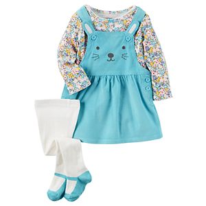 Baby Girl Carter's Print Tee, Embroidered Corduroy Jumper & Tights Set