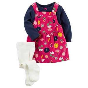 Baby Girl Carter's Solid Tee, Print Corduroy Jumper & Tights Set