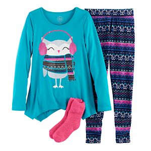 Girls 4-14 SO® Owl Handkerchief Hem Tunic, Thermal Fleece Leggings & Fuzzy Slipper Socks Pajama Set