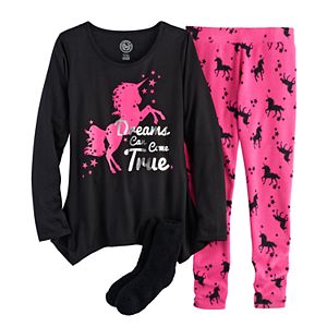 Girls 4-14 SO® Foil-Printed Graphic Handkerchief Hem Tunic, Thermal Fleece Leggings & Fuzzy Slipper Socks Pajama Set