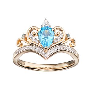 Gold Tone Sterling Silver Swiss Blue Topaz & Lab-Created White Sapphire Crown Ring