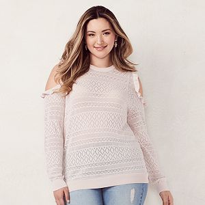Plus Size LC Lauren Conrad Pointelle Cold-Shoulder Crewneck Sweater