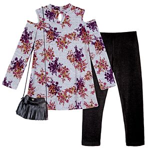 Girls 7-16 & Plus Size IZ Amy Byer Floral Cold Shoulder Keyhole Top & Leggings Set with Fringe Crossbody Purse