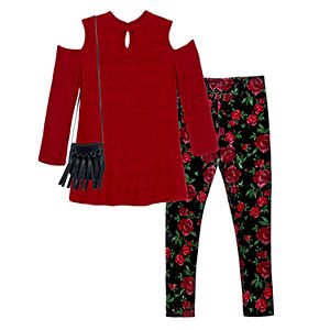 Girls 7-16 & Plus Size IZ Amy Byer Cold Shoulder Keyhole Top & Patterned Leggings Set with Fringe Crossbody Purse