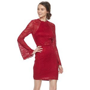 Juniors' Almost Famous Lace Bell Sleeve Mockneck Dress