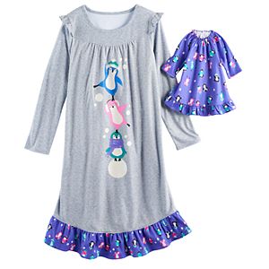 Girls 4-14 SO® Penguin Nightgown & Doll Gown Pajama Set