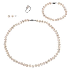 Sterling Silver Freshwater Cultured Pearl & Lab-Created White Sapphire Necklace, Bracelet, Earring & Ring Set!