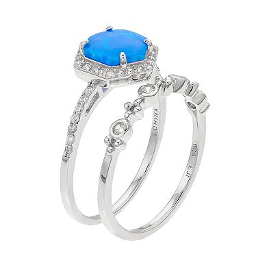 Sterling Silver Lab-Created Blue Opal & Cubic Zirconia Halo Hexagon Ring Set