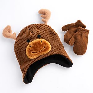 Baby Boy Knit Moose Hat & Mittens Set