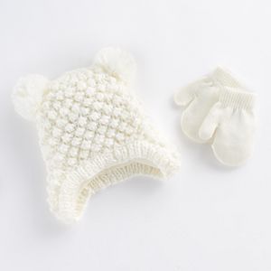 Baby Girl Knit Pom-Pom Hat & Mittens Set