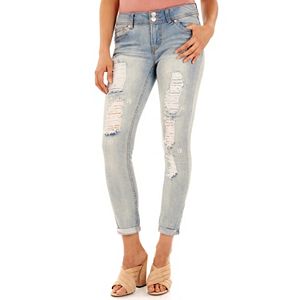 Juniors' Wallflower Luscious Ripped Embellished Ankle Jeans