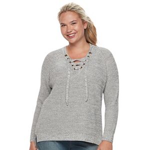 Juniors' Plus Size It's Our Time Lace-Up Sweater