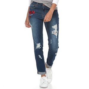 Juniors' Almost Famous Floral Applique Ripped Jeans