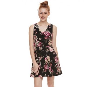 Juniors' Three Pink Hearts Floral Scalloped Skater Dress
