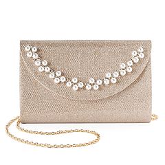 Lenore by La Regale Simulated Pearl Crescent Jacquard Flap Clutch