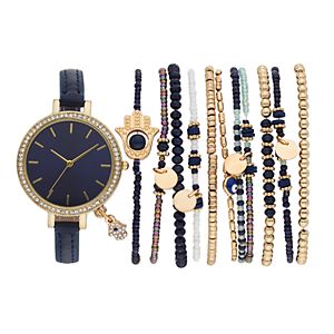 Women's Crystal Hamsa Charm Watch & Beaded Stretch Bracelet Set